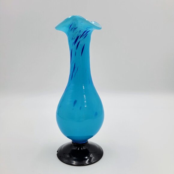 Vintage Blown Art Glass Bud Vase Blue Confetti Splatter Black Pedestal Bottom - Picture 6 of 12